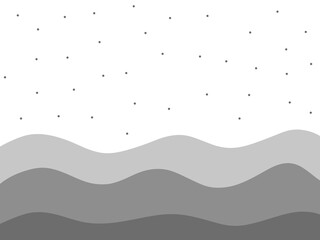 Abstract winter landscape with falling snow. Grey wavy hills and scattered dots background. Minimalist layered waves and starry sky