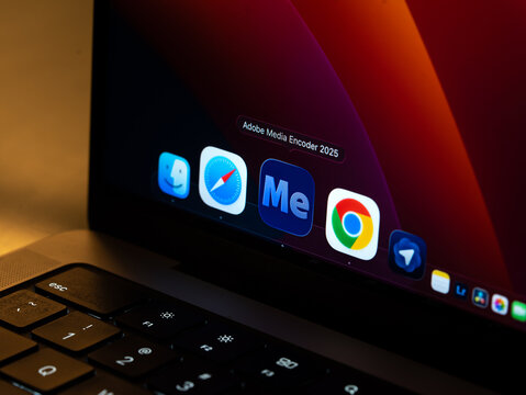 Adobe Media Encoder logo is displayed on the screen of a laptop, in Bangalore, India, on January 06, 2026