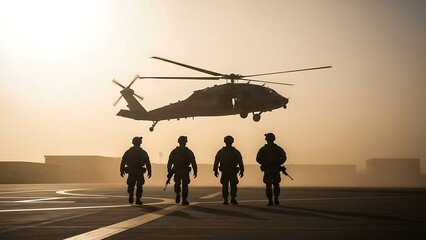 Military Helicopter with Soldiers at Sunset
