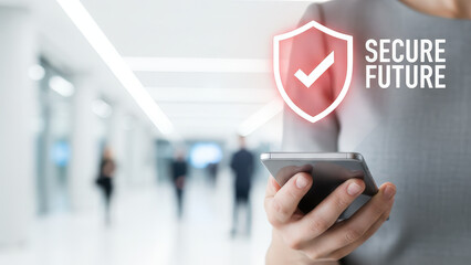 Business high level planning concept secure future message with digital shield icon over blurred office hallway background