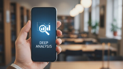 Business high level planning concept deep analysis data chart on smartphone screen in office inspiring focus