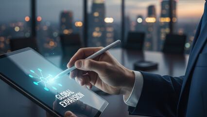 Business high level planning concept for global expansion strategy with digital tablet in modern office at night