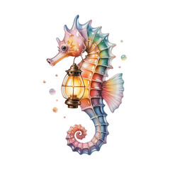 Watercolor fantasy seahorse illustration in vibrant pastel colors holding antique vintage lamp isolated on transparent background
