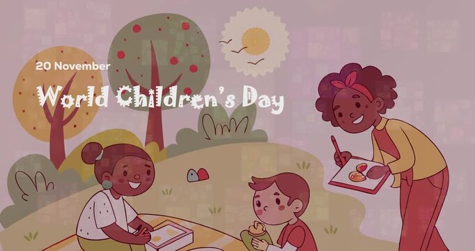 World Children's Day 20 November Children Playing and Drawing Outdoors in Nature 4K Animation Video for Social Media Use