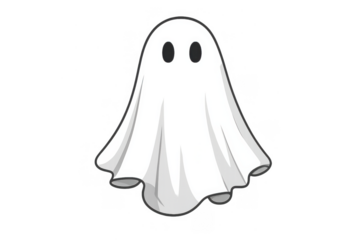White cartoon ghost icon floating, a friendly spooky spirit for halloween, haunted house, or party design