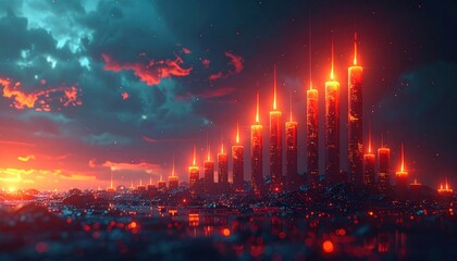 Glowing orange candles of varying heights arranged like a financial bar chart on a dark reflective surface under a dramatic sunset sky
