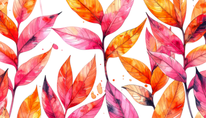 Watercolor image of autumnal leaves, pinks and oranges, on black