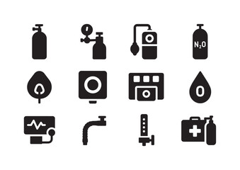Medical Gases Icons. Medical gases. Solid icon set of Medical gases: oxygen tank, medical regulator, anesthesia gas icon, nitrous oxide cylinder, respirator