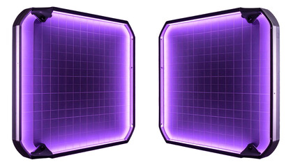 Two futuristic purple panels with grid screens and corner accents on black