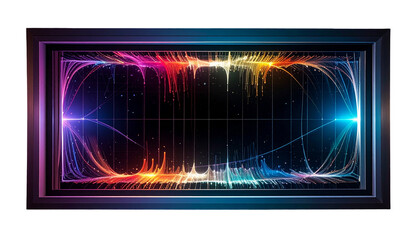 Abstract flow of vibrant colored lines within a framed black void