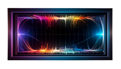 Abstract flow of vibrant colored lines within a framed black void