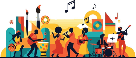 Vibrant artistic community celebrating diverse musical expression through colorful performance featuring musicians playing various instruments in bold graphic style.