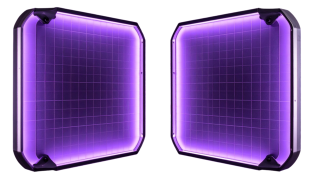 Two futuristic purple panels with grid screens and corner accents on black - Powered by Adobe
