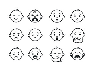 Baby Emotion Icons. Baby emotions. Line icon set of baby emotions: happy face, crying baby, surprised baby, giggling face, fussy mood, sleepy eyes, scared