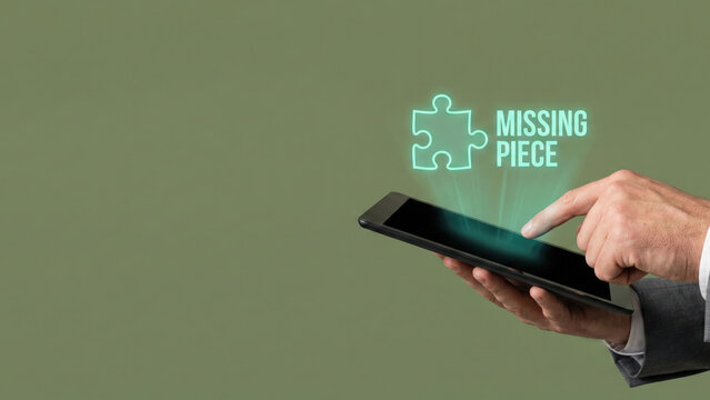 Business high level planning concept puzzle hologram over digital tablet touch screen hand gesture - Powered by Adobe