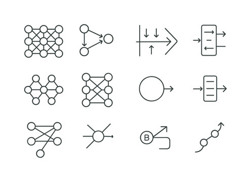 Neural Networks Icon Set. Neural networks. Line icon set of neural networks: layered nodes, neuron link, backprop lines, weight arrow, connection graph,