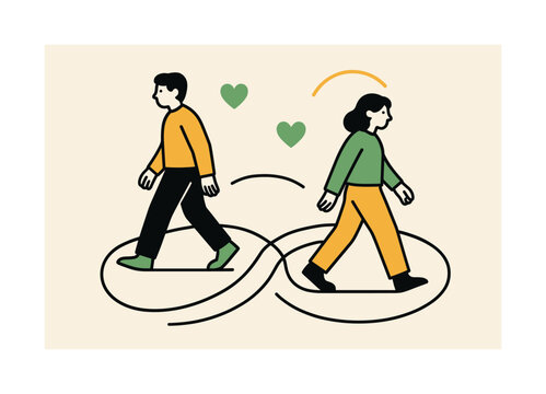Evolving Bonds. Friendships and life transitions ? growing apart and reconnecting. Two figures walk in opposite directions, their paths looping back to meet;