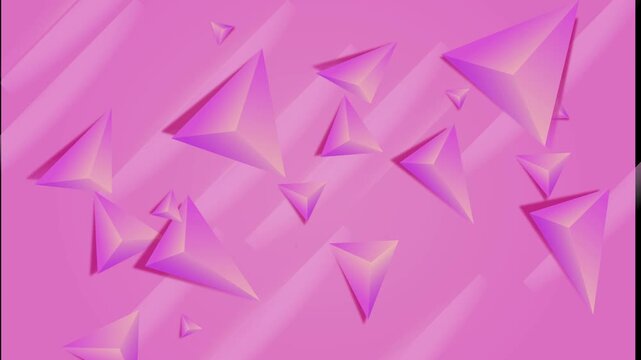 dynamic composition of scattered 3D geometric shapes, pyramids or octahedra, against a pink gradient background.