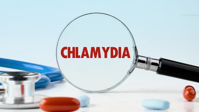 The appearance of the word CHLAMYDIA through a magnifying glass on a blue background. Concept of Gynecology therapy, health