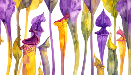 Watercolor depiction of colorful pitcher plants with intricate details
