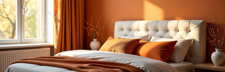 serene bedroom scene featuring plush tufted headboard vibrant orange accent wall adorned assortment throw pillows