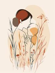 Silhouette of woman tenderly embracing child, surrounded by delicate of wildflowers. International Mothers Day, purity, love and harmony. Copy space.