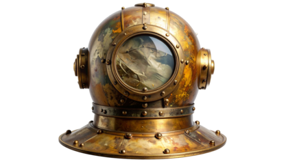 An antique, brass diving helmet rests on a dark background