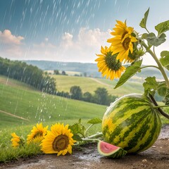 Sunflowers and watermelon under summer rain, bright colors, beautiful background