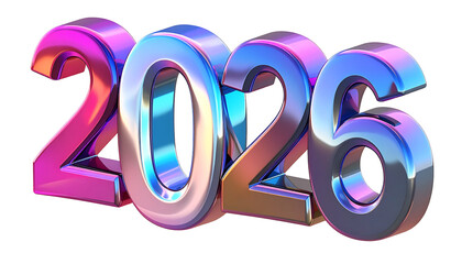 Rendered chrome 2026 numerals in colorful, shiny gradient