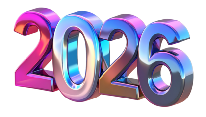 Rendered chrome 2026 numerals in colorful, shiny gradient