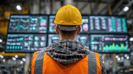 An industrial worker in a hard hat monitors data on a wall-mounted display, exemplifying commitment and the digital future of the industry.  ..Created with Generative AI, not depicting real subjects.