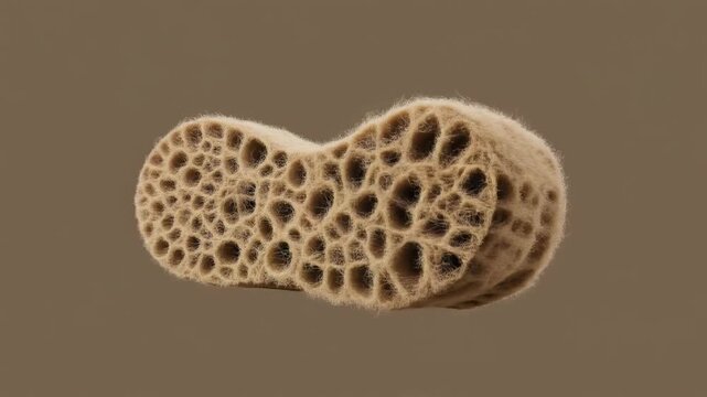 Close-up microscopic view of a porous, textured, peanut-shaped object with a honeycomb-like internal structure.