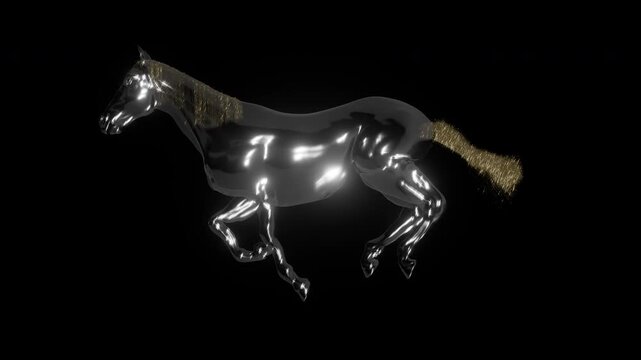 Ethereal glass horse sculpture galloping with flowing golden hair - Transparent artistic animation in seamless loop created by 3D ACES 2.0 ProRes 4444 XQ.