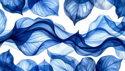 Abstract blue leaves with flowing lines, seamless on a black background