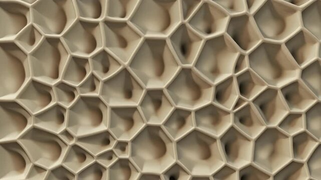 Abstract 3D rendering of a beige cellular structure with irregular hexagonal and pentagonal shapes.