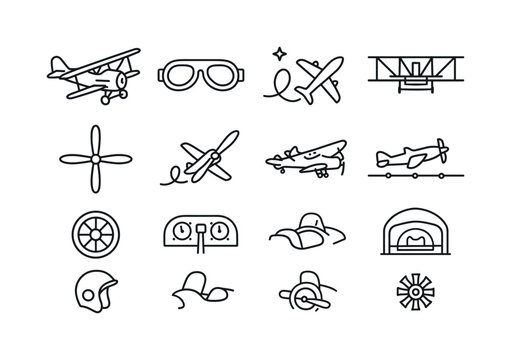 Vintage Aviation Icons. Airplane. Line icon set of Airplane: vintage airplane, early aviation goggles, Wright brothers flyer, biplane propeller, airshow icon,