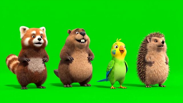 Animated Forest Animals Dancing on Green Screen Background