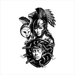 Mythical Warrior Woman with Owl and Shield Illustration