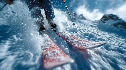 First person view of skis cutting snow, downhill motion, speed, adrenaline, winter mountains and extreme sport action.
