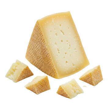 Large triangular Pecorino Romano cheese wedge, pale brown rind, golden-white interior, crumbly texture, isolated on a bright white studio background with copy space, gourmet Italian dairy concept