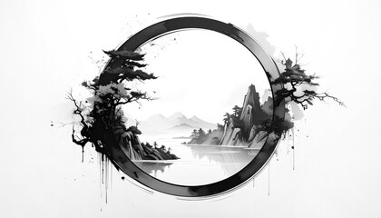 Enso-Inspired Zen Concept Art with Ink Wash and Minimal Space,AI generated