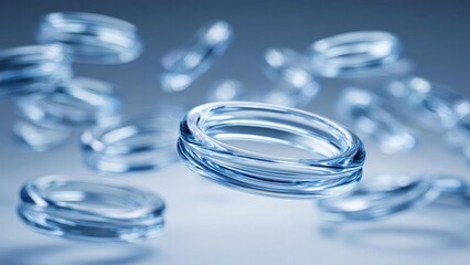 Floating transparent blue glass rings in mid-air against a soft blue background. Concept Floating blue glass rings, Transparent glass rings mid-air, Soft blue background, Suspended glass orbs