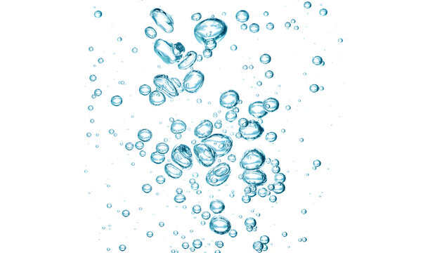 Transparent blue bubbles float on a white background, creating an abstract underwater texture. Ideal for design work, it serves as a vibrant and clean background or illustration. 