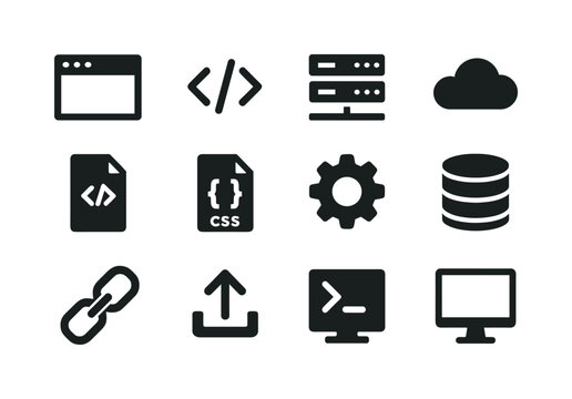 Web Development Icons. Web Development. Solid icon set of Web Development: browser window, code brackets, server, cloud, html tag, css file, gear, database,
