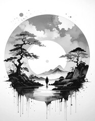 Enso-Inspired Zen Concept Art with Ink Wash and Minimal Space,AI generated