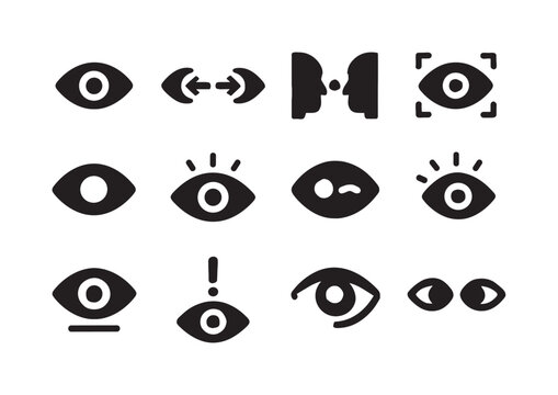 Eye Contact Icons. Eye contact. Solid icon set of Eye contact: eye symbol, gaze arrows, two-face profile, focused eye, glance icon, wide-open eye, blinking