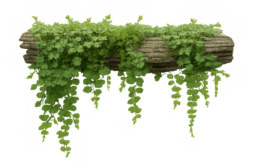 Green ivy and foliage creeping on a textured rock ledge creating lush tropical vegetation on transparent background