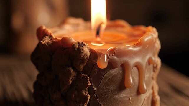 A weathered rustic candle burns with a warm inviting glow, casting soft illumination on a wooden surface.