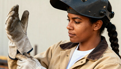 A professional female welder puts on her protective gloves. A skilled tradeswoman prepares for work with safety gear. Women in industry concept
