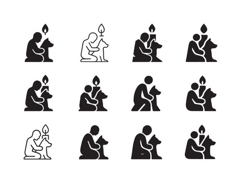 Pet Loss Iconography. Grieving the loss of a pet. Icon set. Set Logo of grieving the loss of a pet: Candlelight vigil. harmonious logo variations of the same